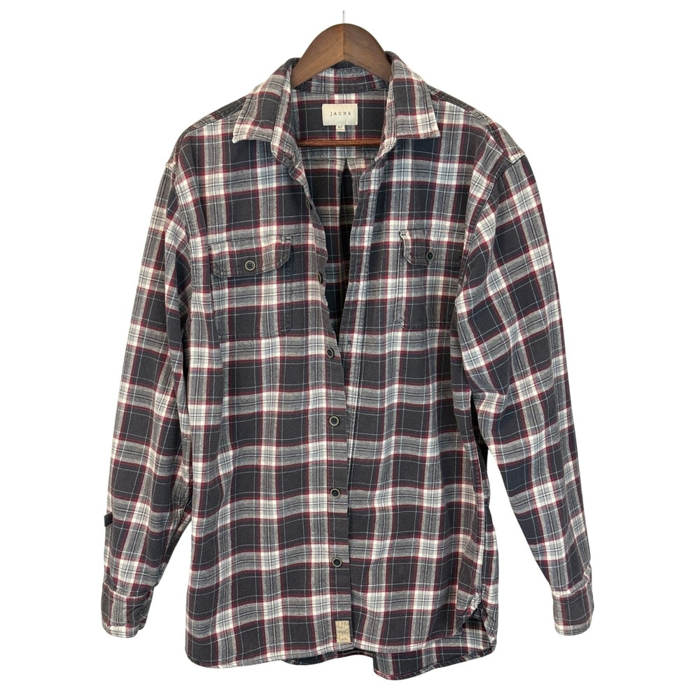 Jachs Red Black Plaid Cotton Flannel‎ Button Up Shirt size XLT Grunge Rustic